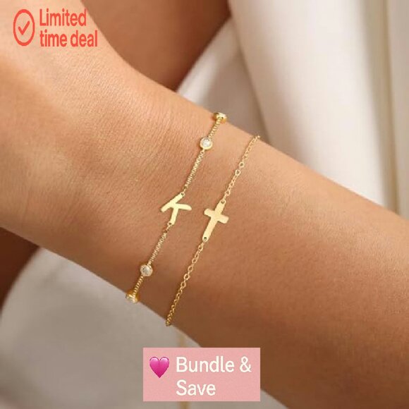 Gold Plated Initial Cross Bracelet Set Adjustable 8.5 Inches - Picture 4 of 8